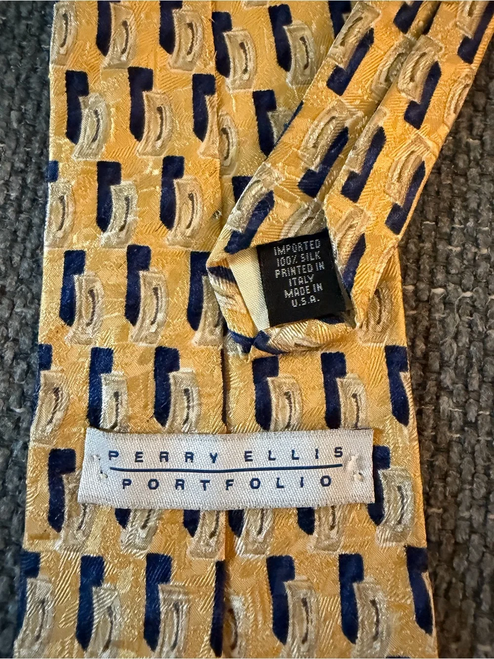 Perry Ellis Yellow Tie with Navy & Cream Geometric Motif